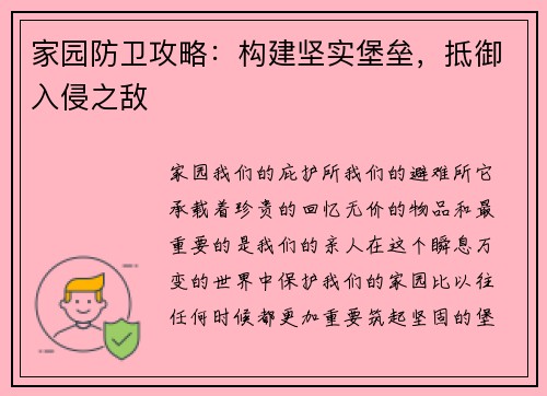 家园防卫攻略：构建坚实堡垒，抵御入侵之敌
